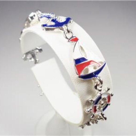 RHODIUM NAUTICAL SHIPS WHEEL ANCHOR AND SAILBOAT SEA LIFE MAGNETIC BRACELET - Picture 1 of 6